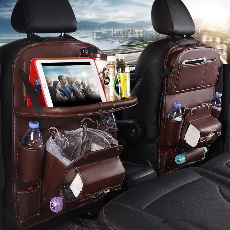 Premium PU Leather Car Back Seat Organizer | Waterproof Hanging Storage Bag with Foldable Tray Table | Multifunction Car Seat Back Pocket for Travel & Interior Accessories