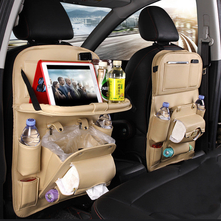 Premium PU Leather Car Back Seat Organizer | Waterproof Hanging Storage Bag with Foldable Tray Table | Multifunction Car Seat Back Pocket for Travel & Interior Accessories