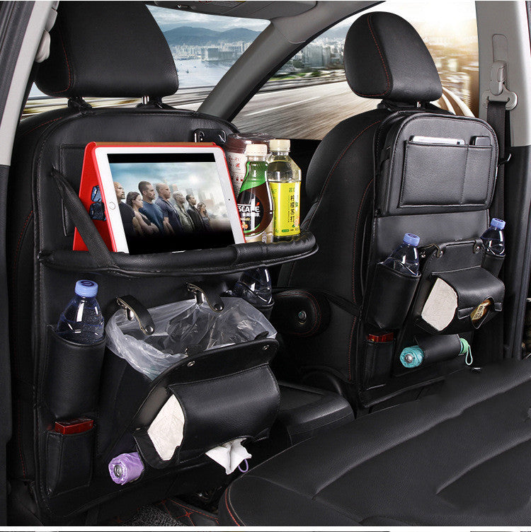 Premium PU Leather Car Back Seat Organizer | Waterproof Hanging Storage Bag with Foldable Tray Table | Multifunction Car Seat Back Pocket for Travel & Interior Accessories