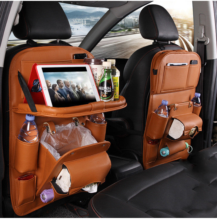 Premium PU Leather Car Back Seat Organizer | Waterproof Hanging Storage Bag with Foldable Tray Table | Multifunction Car Seat Back Pocket for Travel & Interior Accessories