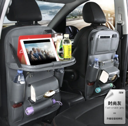 Premium PU Leather Car Back Seat Organizer | Waterproof Hanging Storage Bag with Foldable Tray Table | Multifunction Car Seat Back Pocket for Travel & Interior Accessories
