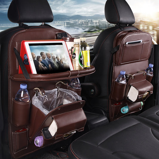 Premium PU Leather Car Back Seat Organizer | Waterproof Hanging Storage Bag with Foldable Tray Table | Multifunction Car Seat Back Pocket for Travel & Interior Accessories