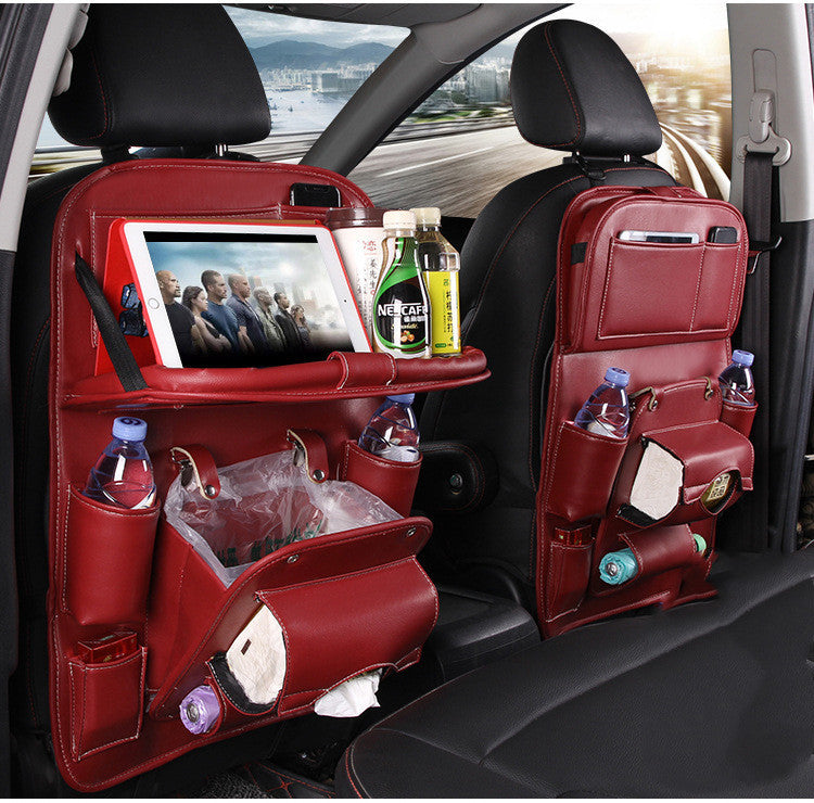 Premium PU Leather Car Back Seat Organizer | Waterproof Hanging Storage Bag with Foldable Tray Table | Multifunction Car Seat Back Pocket for Travel & Interior Accessories