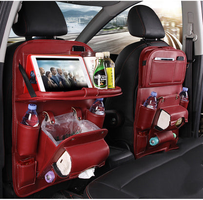 Premium PU Leather Car Back Seat Organizer | Waterproof Hanging Storage Bag with Foldable Tray Table | Multifunction Car Seat Back Pocket for Travel & Interior Accessories