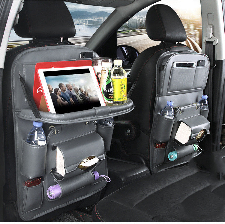 Premium PU Leather Car Back Seat Organizer | Waterproof Hanging Storage Bag with Foldable Tray Table | Multifunction Car Seat Back Pocket for Travel & Interior Accessories