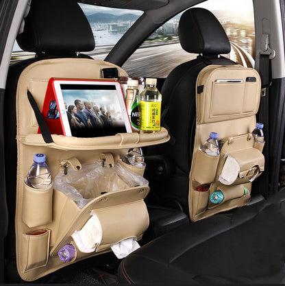 Premium PU Leather Car Back Seat Organizer | Waterproof Hanging Storage Bag with Foldable Tray Table | Multifunction Car Seat Back Pocket for Travel & Interior Accessories