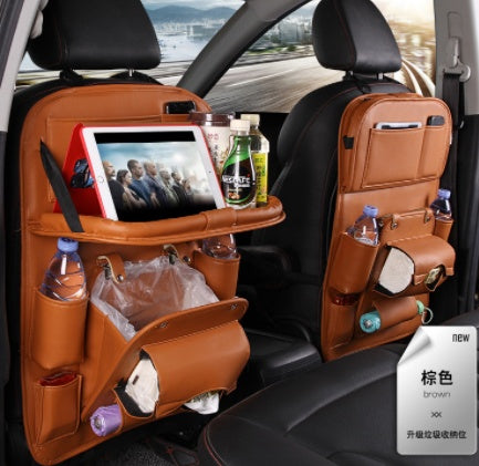 Premium PU Leather Car Back Seat Organizer | Waterproof Hanging Storage Bag with Foldable Tray Table | Multifunction Car Seat Back Pocket for Travel & Interior Accessories
